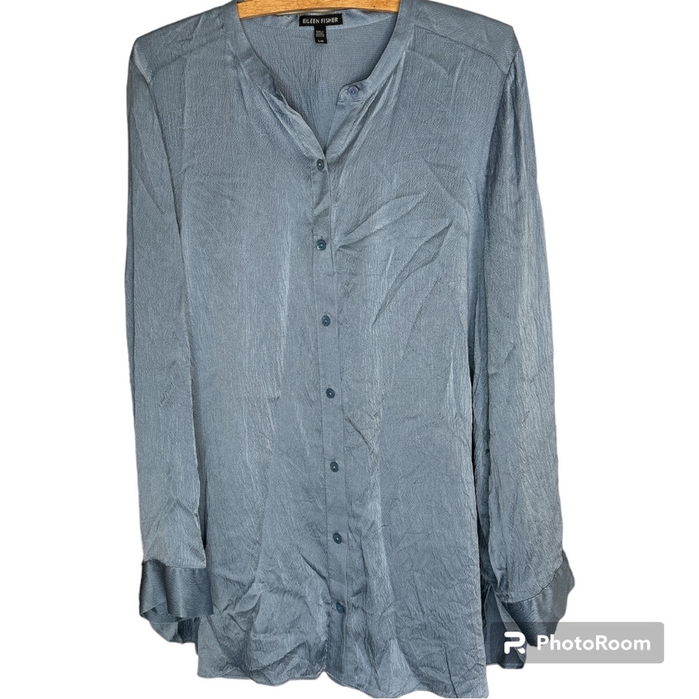 EILEEN FISHER Slate Blue Mandarin Collar 100% Silk Button Down Blouse Size Large
